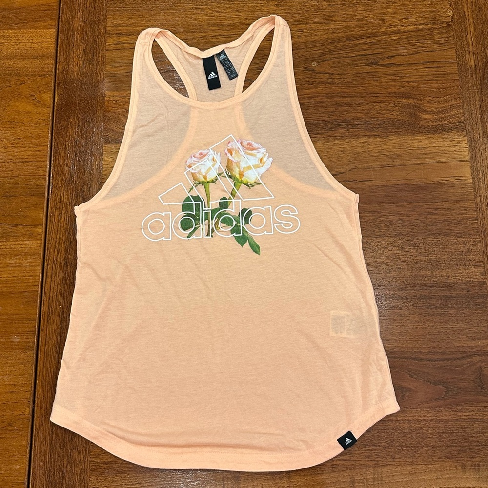 NWOT Adidas Peach Pink Tank Top with Rose Design, Women’s Size Small